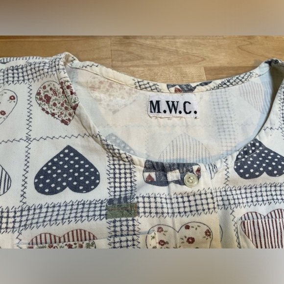 Vintage M.W.C. Patchwork Heart Button Down Short Sleeve Shirt Round Neck Medium - Picture 5 of 8